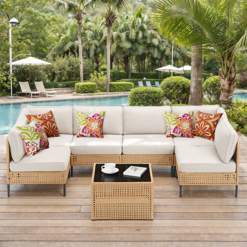 Latitude Run 7 Pieces Outdoor Sectional Wicker Patio Furniture Set Outdoor Modular Combination Sofa With Cushions Glass Table All Weather PE Rattan Patio Sectional Sofa Set For Porch Backyard Garden W...